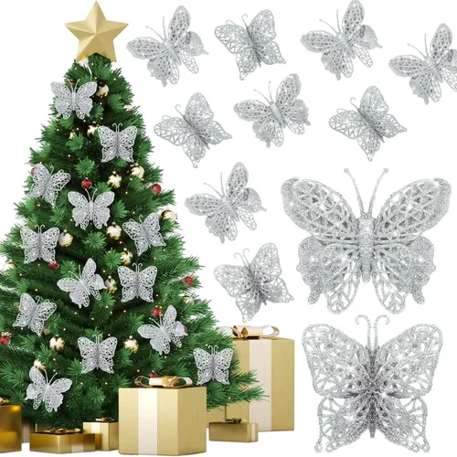 Vista 8 de Liliful 32 piezas de adorno de mariposa de purpurina navideña con clip, mariposa hueca, decoración de Navidad artificial, adorno colgante con clip