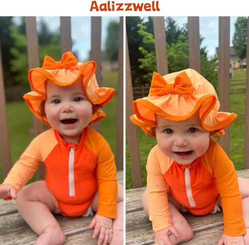 Vista 78 de Aalizzwell Traje de baño de una pieza de manga larga con sombrero para bebé niña