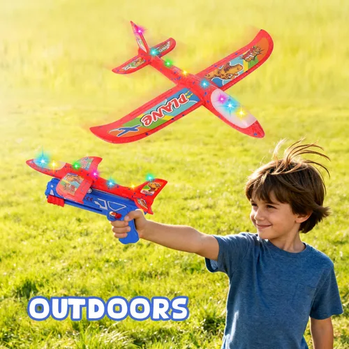 Vista 5 de Juguete lanzador de avión de espuma 2 aviones planeadores de espuma para niños Juguete de avión para niños con luces LED Dos modos de vuelo