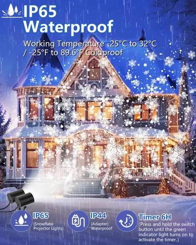 Vista 4 de AKSDA Proyector de Luces de Copo de Nieve de Navidad para Exteriores, Doble Cabezal Mejorado 2025, Rotación de 360°, Impermeable IP65, Función