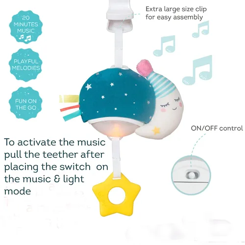 Vista 7 de Taf Toys Mini luna musical, juguete para bebés con música colgante y luces para llevar, compañero de viaje para padres y bebés, calma al bebé