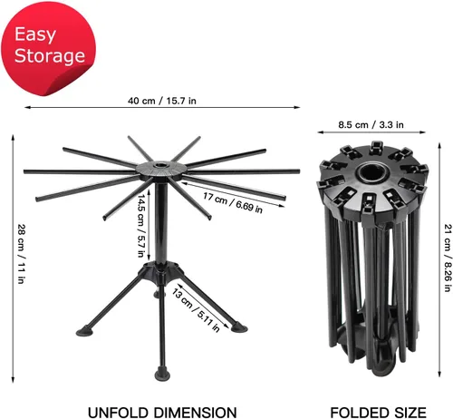 Vista 5 de Secador de pasta plegable Cambom - Secador de espaguetis y fideos de plástico con 10 asas de barra en negro