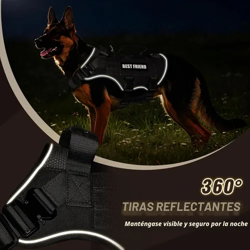 Vista 8 de Arnés táctico para perro, de tamaño mediano, con hebillas de metal, malla de aire transpirable, arnés militar Molle con 3 asas duraderas para Negro