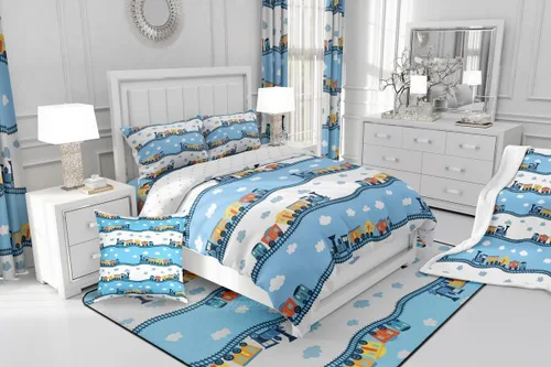 Vista 6 de Erosebridal Juego de edredón de tren de locomotora para niños, tamaño individual, lindo juego de ropa de cama con motor de vapor para niños y niñas