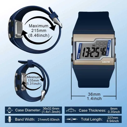 Vista 6 de Reloj de pulsera digital resistente al agua de 10 ATM para nadar y bucear con múltiples funciones de cronómetro de regazo, reloj despertador