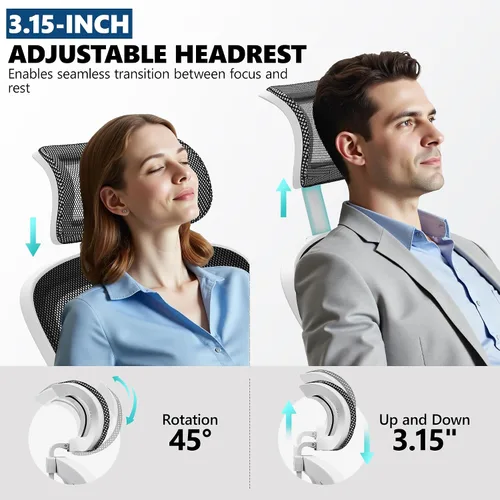 Vista 7 de Silla de oficina ergonómica, silla de escritorio de malla con reposacabezas ajustable y soporte lumbar, silla de computadora con ruedas con Blanco