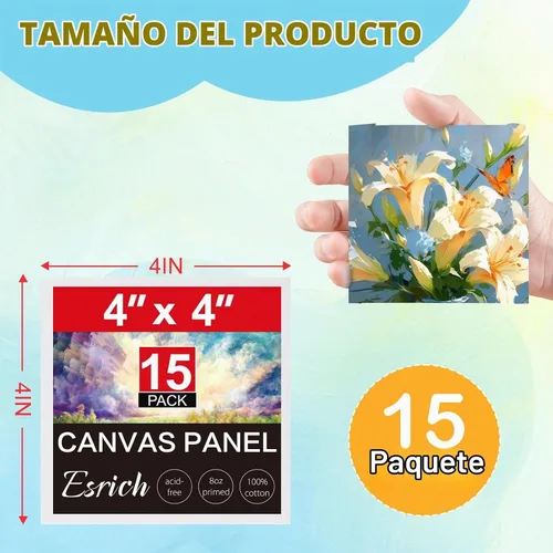 Vista 2 de ESRICH Tableros de lona para pintura, paquete de 15 lienzos de 4 x 4, 100% algodón, pequeños lienzos imprimados sin ácidos, mini paneles de lienzo