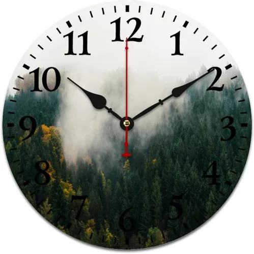 Vista 11 de Generic Reloj de pared de madera, bosque brumoso, redondo, retro, 10 pulgadas, movimiento de cuarzo con pilas Estampado