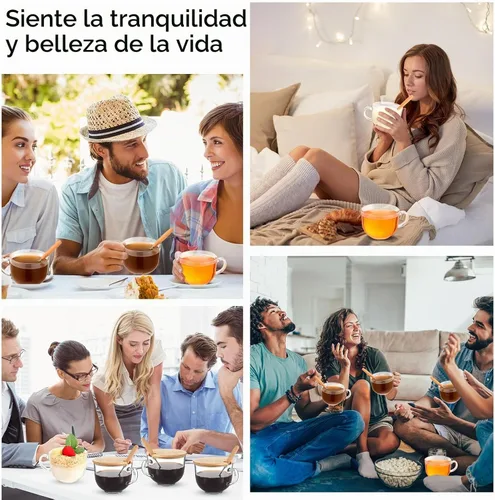 Vista 6 de Sliner 4 juegos de 16 onzas Tazas grandes de vidrio de otoño con tapas de bambú, cucharas, asa, tazas de té de vidrio transparente vintage