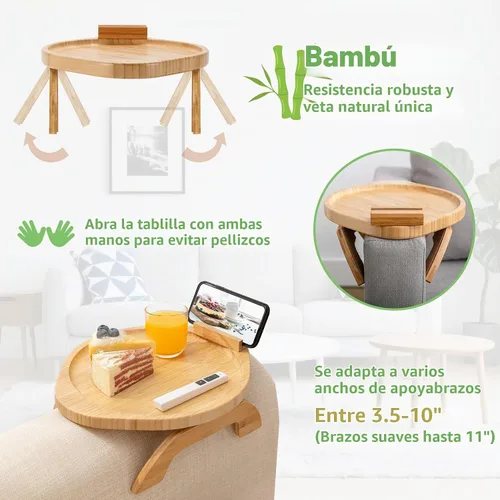 Vista 2 de SINWANT Mesa de brazo de sofá, mesa grande de bambú con clip para sofá con soporte para teléfono de 360°, mesa plegable para reposabrazos de sofá