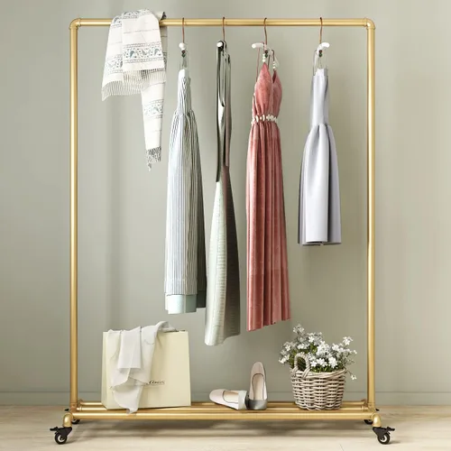Vista 9 de Perchero de metal dorado con estante de madera, perchero resistente con ruedas para dormitorio, uso en boutiques minoristas (37.4 pulgadas de largo)