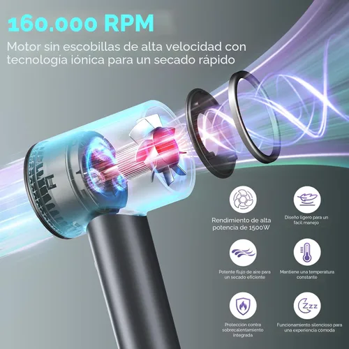 Vista 2 de Secador de pelo, 160000 RPM, secador de pelo iónico portátil y ligero con 500 millones de iones negativos, secado rápido, ligero y silencioso