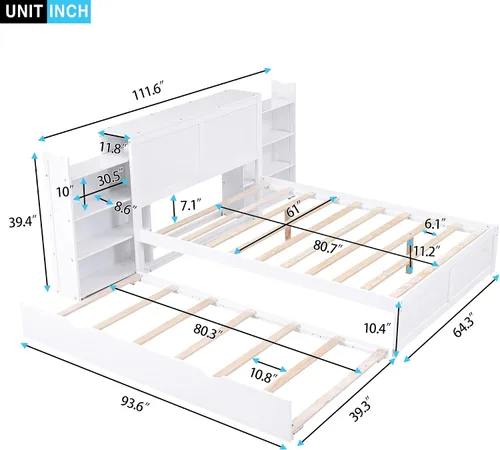 Vista 2 de Cama multifuncional de almacenamiento de tamaño Queen con cama nido de tamaño individual, marco de cama de plataforma de madera con estantes