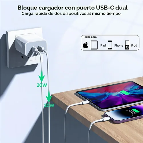 Vista 3 de Cargador rápido para iPhone de 10 pies, [certificado Apple MFi] Paquete de 2 cargadores rápidos PD Dual Apple, bloque de carga USBC, cable Lightning