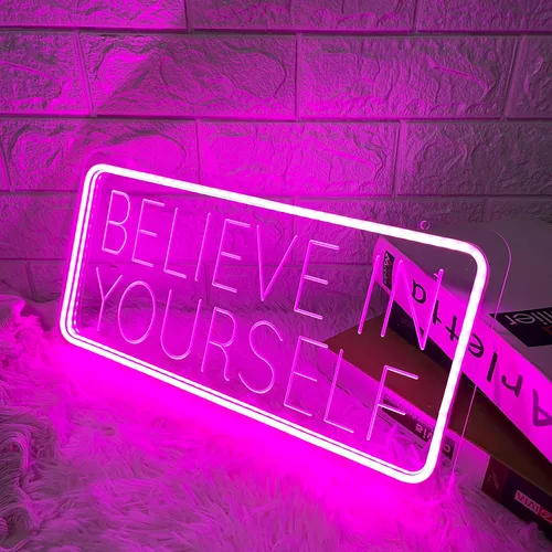 Vista 3 de Letrero de neón con texto en inglés "Believe in Yourself", para decoración de pared de habitación, tallado en 3D, luz LED, luz rosa, funciona