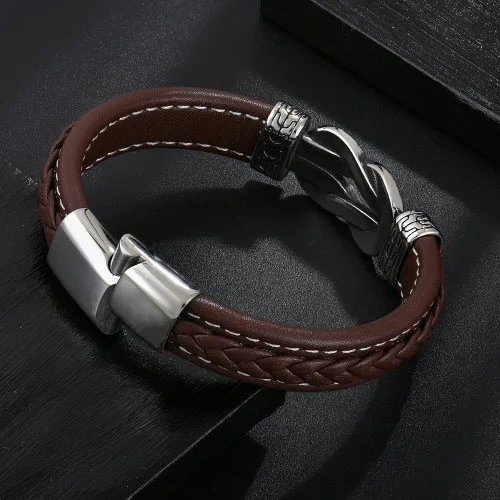 Vista 3 de Pulsera de cuero con nudo infinito para hombre, acero inoxidable, negromarrón, cuero genuino, trenzada, pulsera de joyería para hombres, padre