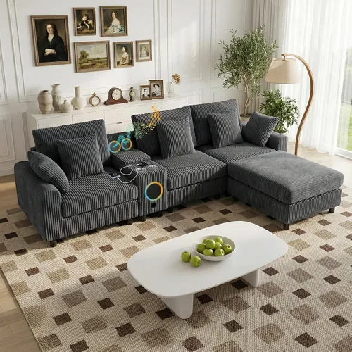 Vista 14 de MAKIAAP Sofá modular de pana de 83 pulgadas con altavoces, cómodo sofá biplaza de asiento profundo con otomana móvil, consola, cargador USB Beige