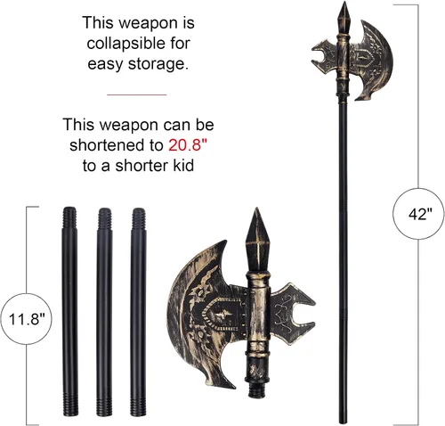 Vista 2 de Disfraz medieval vikingo de esqueleto, ejecutor de la parca de hacha, disfraz de hoja falsa, hacha de batalla, accesorios de diablo para Halloween