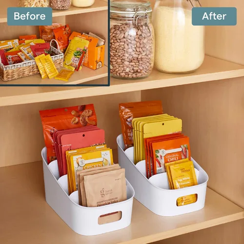 Vista 6 de YouCopia ShelfBin - Organizador de paquetes, contenedor dividido elevado de 4 niveles en escalera, organizador de almacenamiento sin BPA