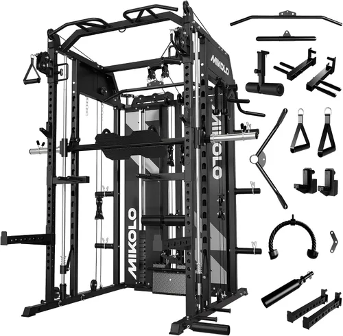 Vista 12 de Mikolo - Máquina Smith con pila de pesas, sistema de gimnasio en casa tipo jaula de potencia con tracción LAT y cruce de cable, entrenador