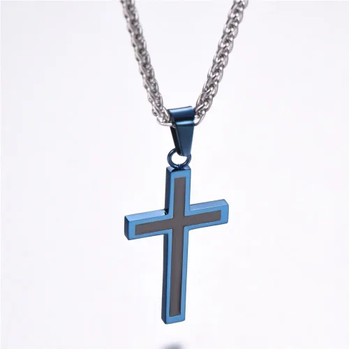 Vista 5 de U7 Collar de cruz simple para hombres y mujeres, acero inoxidable, plateado, negro, oro, cruz latina, colgante, grabable, longitud de 22 a 24