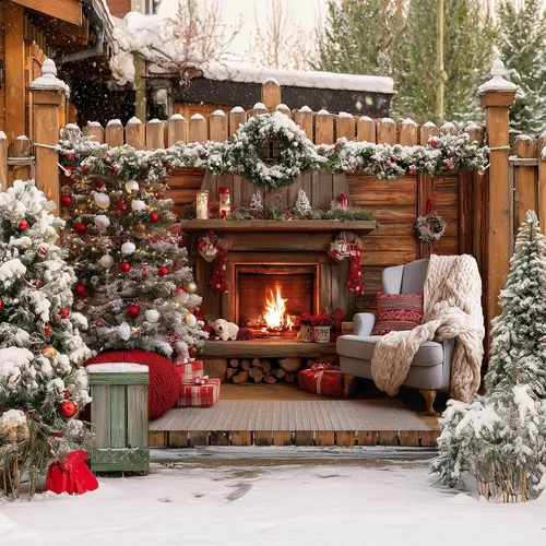 Vista 7 de HOMETITUTE Cartel navideño para chimenea de 71 x 43 pulgadas, acogedor telón de fondo navideño con adornos para árbol de Navidad, fondo cálido fuego
