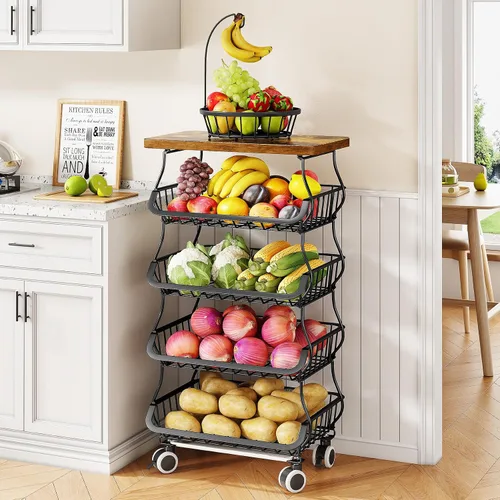 Vista 8 de SAYZH 5-Tier Fruit and Vegetable Basket Stand for Kitchen, Wood Top, White Blanco
