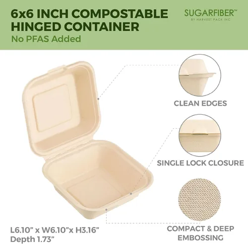 Vista 2 de [500 unidades] Fibra de azúcar por Harvest Pack PFAS FREE 6 x 6 pulgadas compostable Clamshell Recipientes de alimentos, contenedor con bisagras