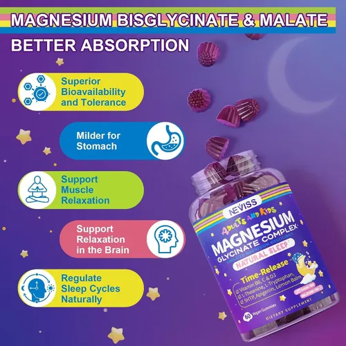 Vista 7 de Gomitas de glicinato de magnesio para adultos y niños mayores de 4 años, suplemento de bisglicinato de magnesio sin azúcar 400/200 mg con B6D3