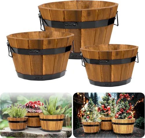 Vista 8 de Juego de 3 cajas de flores de madera para exteriores, macetas de barril de madera de acacia duraderas para plantas al aire libre con asas