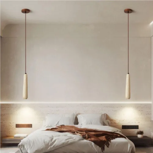 Vista 4 de 11.8IN Long Tube Hanging Lamp Mid Century Industrial Yellow Travertine Pendant Lights Japanese Style Simple Small Chandeliers for Dining Room Living