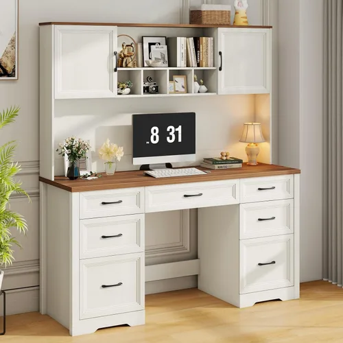 Vista 11 de Halitaa Escritorio ejecutivo de granja con cajones, escritorio de madera para computadora con amplio cajón de archivos, escritorio rústico