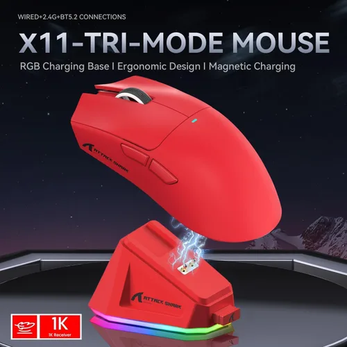 Vista 2 de ATTACK SHARK X11 Ultra-Ligero ratón para videojuegos de triple modo con sensor óptico PAW3311 de 22K DPI, 5 botones programables con soporte de Rojo