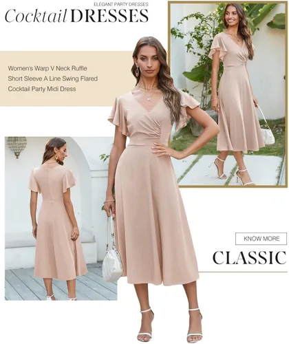Vista 3 de Dokotoo Vestido de fiesta elegante con cuello en V para mujer, vestido de manga corta, vestido de patinadora, vestidos de invitados de boda
