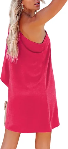 Vista 4 de Vestido corto casual de un hombro para mujer, color sólido, para fiesta