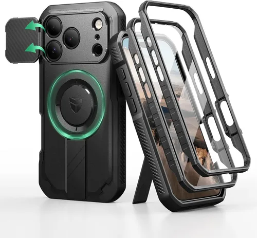 Vista 9 de Dexnor - Funda para iPhone 12 & iPhone 12 Pro con tapa deslizante para cámara, soporte ajustable y protector de pantalla integrado, carcasa