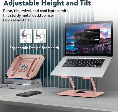 Vista 8 de Soporte giratorio para laptop para escritorio, soporte ajustable para laptop para escritorio con rotación de 360°, elevar, inclinar, rotar, enfriar