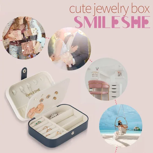 Vista 3 de Smileshe Joyero, estuche de viaje portátil pequeño de piel sintética, organizador de 2 capas, cajas de almacenamiento para anillos, aretes