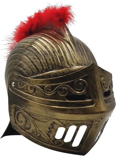 Vista 2 de LOOYAR Casco medieval de caballero soldado soldado con sombrero con pluma roja y máscara facial plegable para juego de batalla, Halloween, cosplay