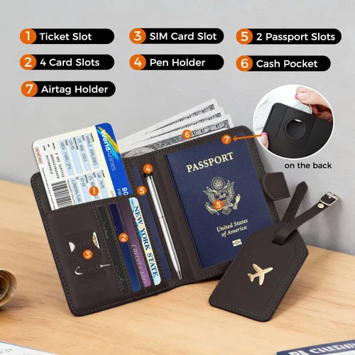 Vista 2 de Melsbrinna Rfid - Soporte para pasaporte para mujeres y hombres, juego de etiqueta de maleta de viaje, bonita cartera de pasaporte con ranuras