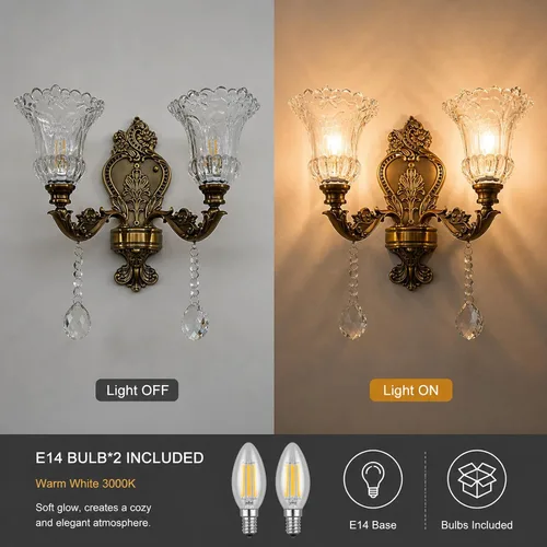 Vista 5 de Apliques de pared dorados victorianos de 2 cabezales, luces florales de montaje en pared con pantalla de vidrio, apliques de cristal estilo vintage