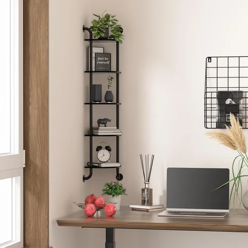 Vista 5 de Tinpin Estante esquinero de 5 niveles, estantes de pared para dormitorio, estantes de esquina colgantes para montaje en pared, estantes de tubería