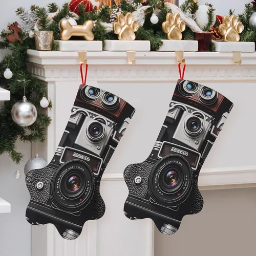 Vista 8 de Retro Cool Camera Collection Medias de Navidad para mascotas, gran capacidad, forma de pata de gato, perro, medias de Navidad, decoraciones