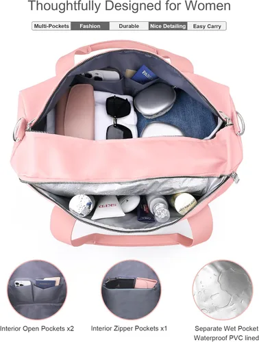 Vista 5 de Bolsa de gimnasio rosa para mujeres y niñas con compartimento para zapatos y bolsillo húmedo - Bolsa de lona para viajes, deportes, fitness