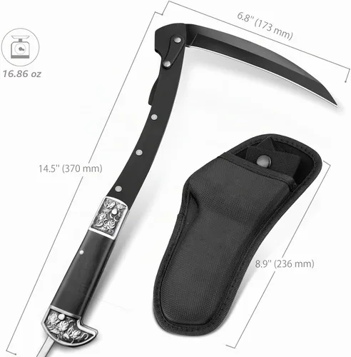 Vista 5 de VALHALLA Hoz plegable, guadaña plegable negra afilada con 2 secciones, cuchillo de hoz de mano con mango de madera, cuchillo de hoz de seguridad