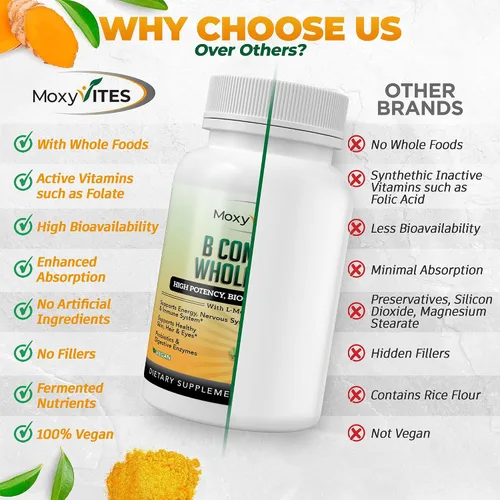 Vista 4 de Vitamina B Complex - Vitaminas B Complejo alimenticio integral, B12 Metilcobalamina, B1, B2, B3, B5, B6, B7, B9 - para estrés, energía y apoyo