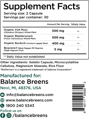 Vista 5 de Balancebreens Suplemento orgánico irlandés de musgo marino, vejiga y raíz de bardana, 1405 mg, 60 cápsulas vegetales, refuerzo inmunológico, salud