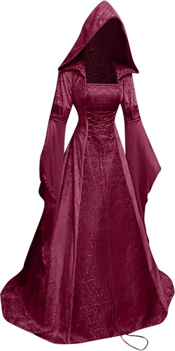 Vista 3 de SHOPESSA - Vestido gótico con capucha medieval, vestido renacentista, manga con volantes, estilo victoriano, con corsé, rojo