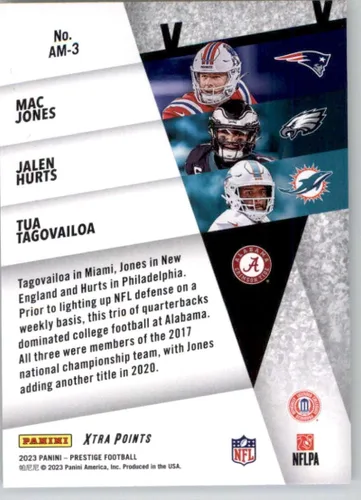 Vista 2 de Panini Prestige Alma Maters #3 Jalen Hurts/Mac Jones/Tua Tagovailoa Philadelphia Eagles/New England Patriots/Miami NFL Football Trading Card