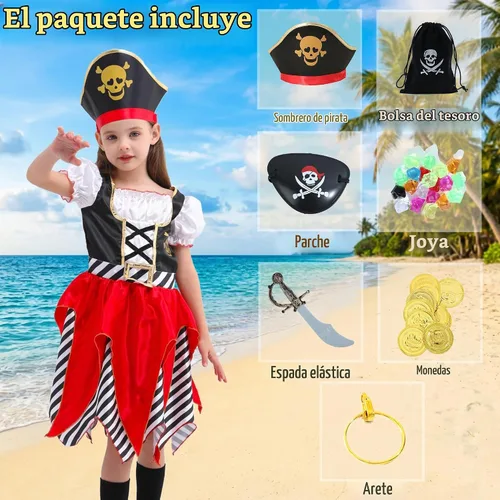 Vista 2 de Lingway Toys Disfraz de lujo de pirata para niñas, vestido de princesa bucanera para niños